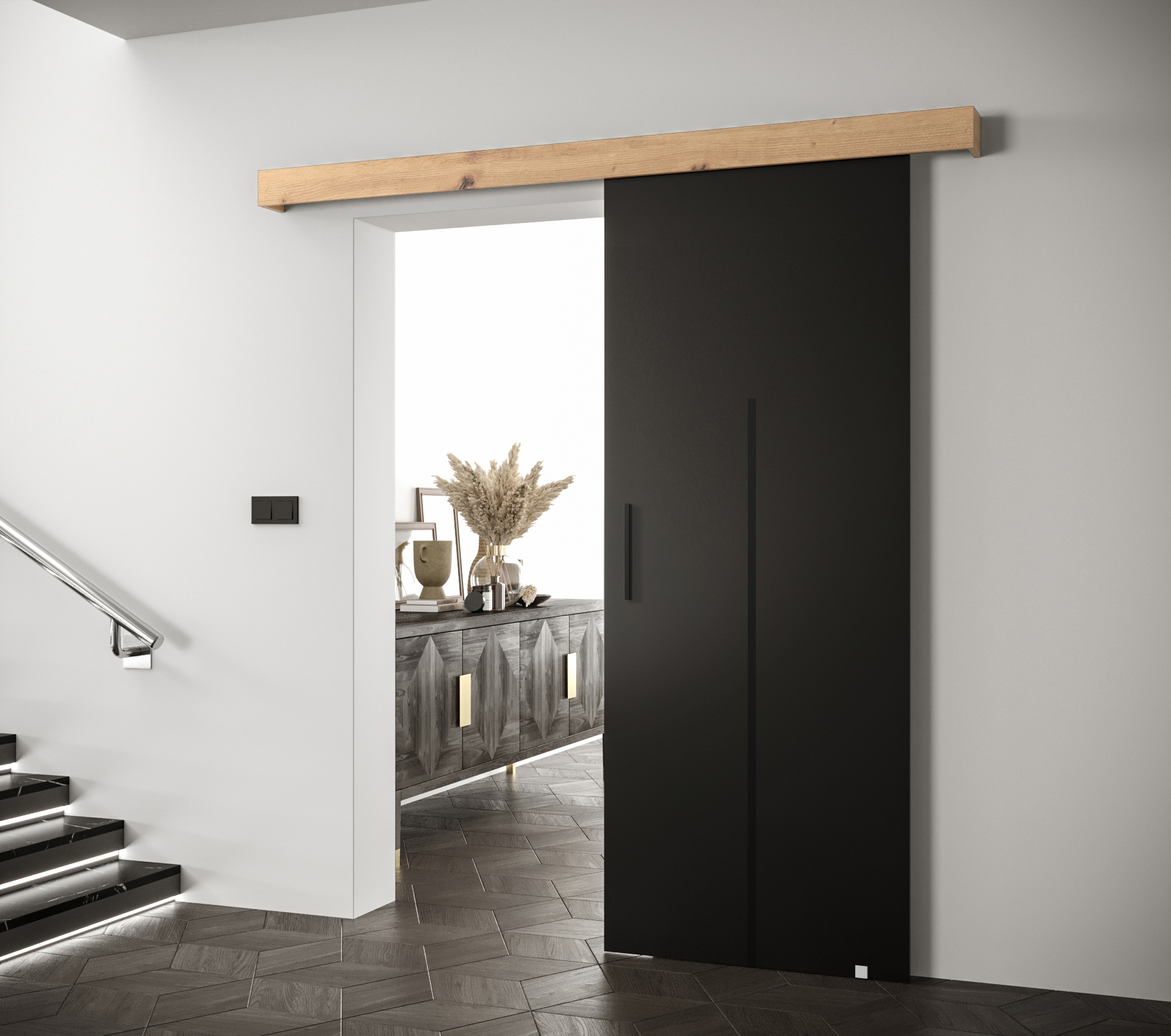 Posuvné dveře Salwador X Dveře: Černá, Pásky / úchyty: Stříbrné, Horní pojezdová lišta: Dub artisan