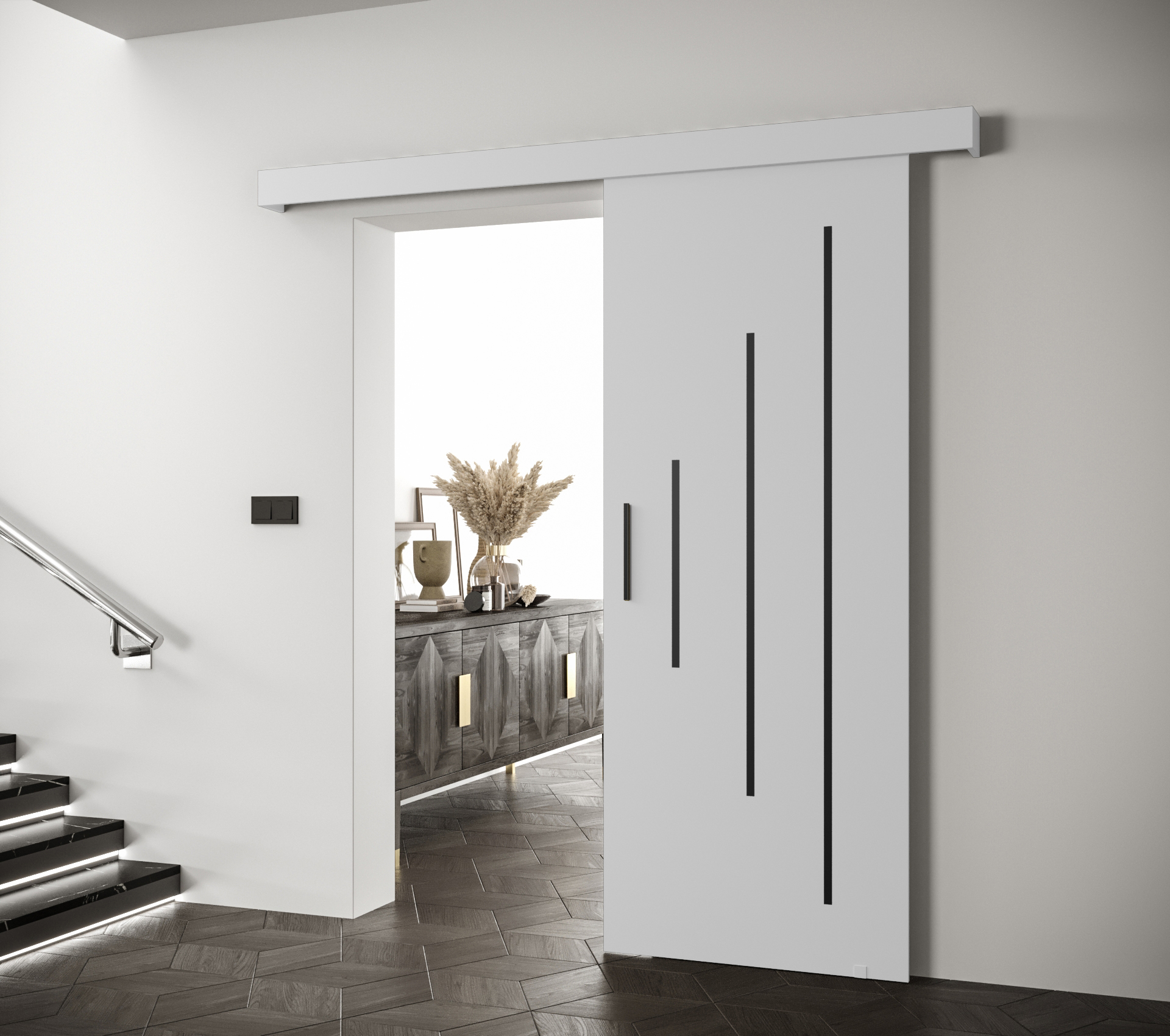 Posuvné dveře Salwador Y Dveře: Bíle mat, Pásky / úchyty: Stříbrné, Horní pojezdová lišta: Dub artisan