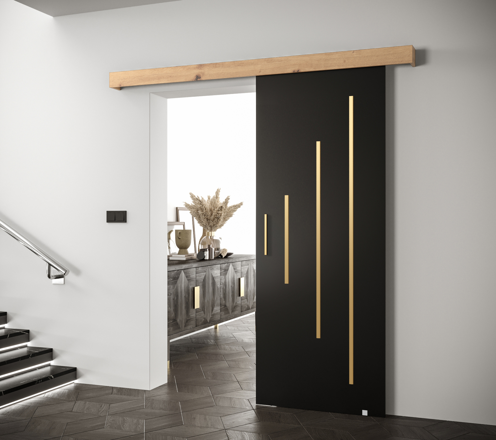 Posuvné dveře Salwador Y Dveře: Černá, Pásky / úchyty: Stříbrné, Horní pojezdová lišta: Dub artisan