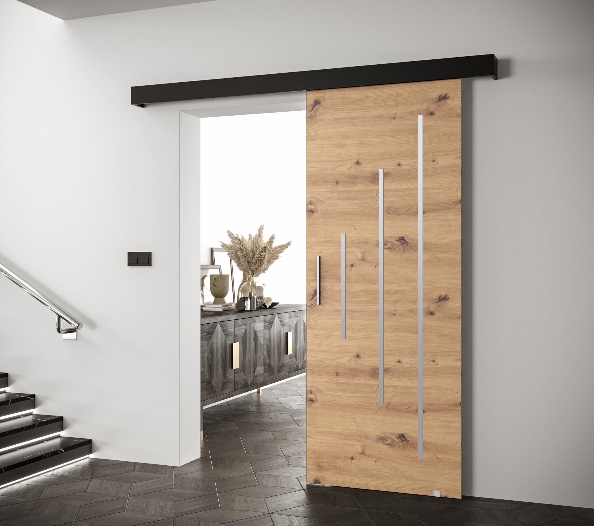 Posuvné dveře Salwador Y Dveře: Dub artisan, Pásky / úchyty: Stříbrné, Horní pojezdová lišta: Dub artisan