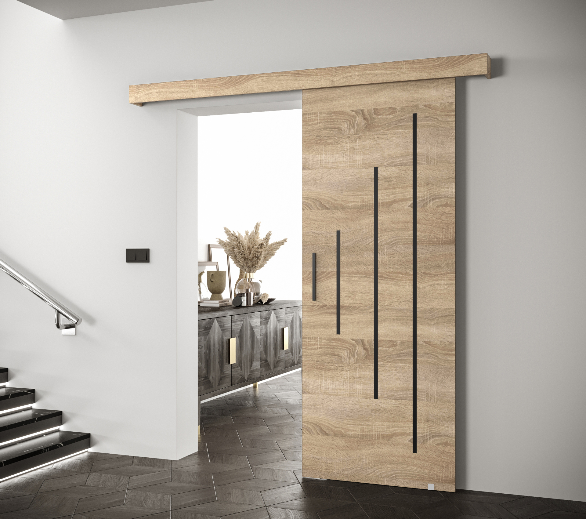 Posuvné dveře Salwador Y Dveře: Dub sonoma, Pásky / úchyty: Černá, Horní pojezdová lišta: Bílá
