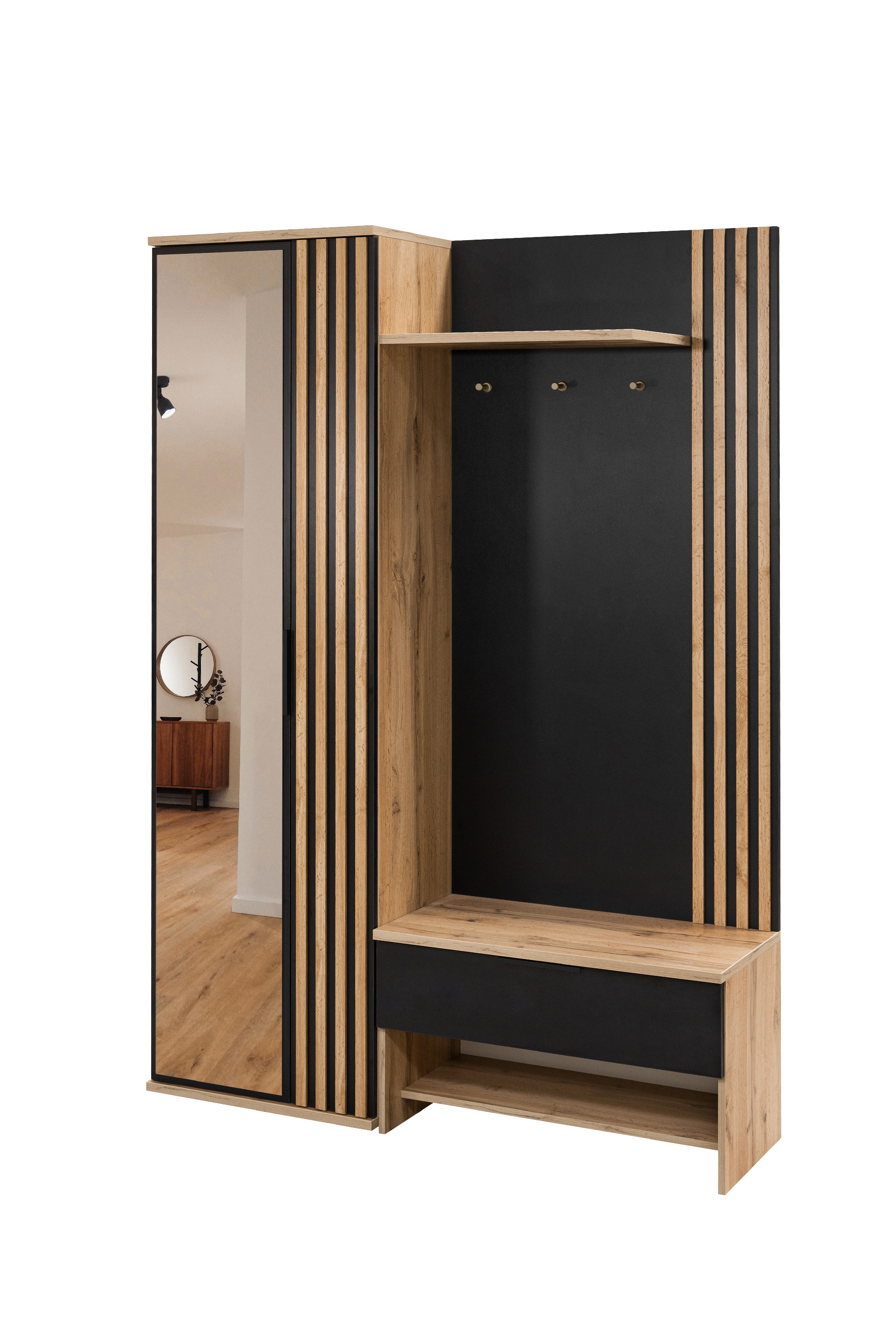 Předsíňová stěna Milo 140 s lamelami Barva korpusu: Černá / dub wotan