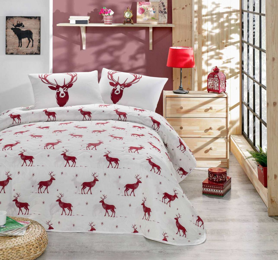 Přehoz 200x220 + 2 polštáře forest - červená, bílá