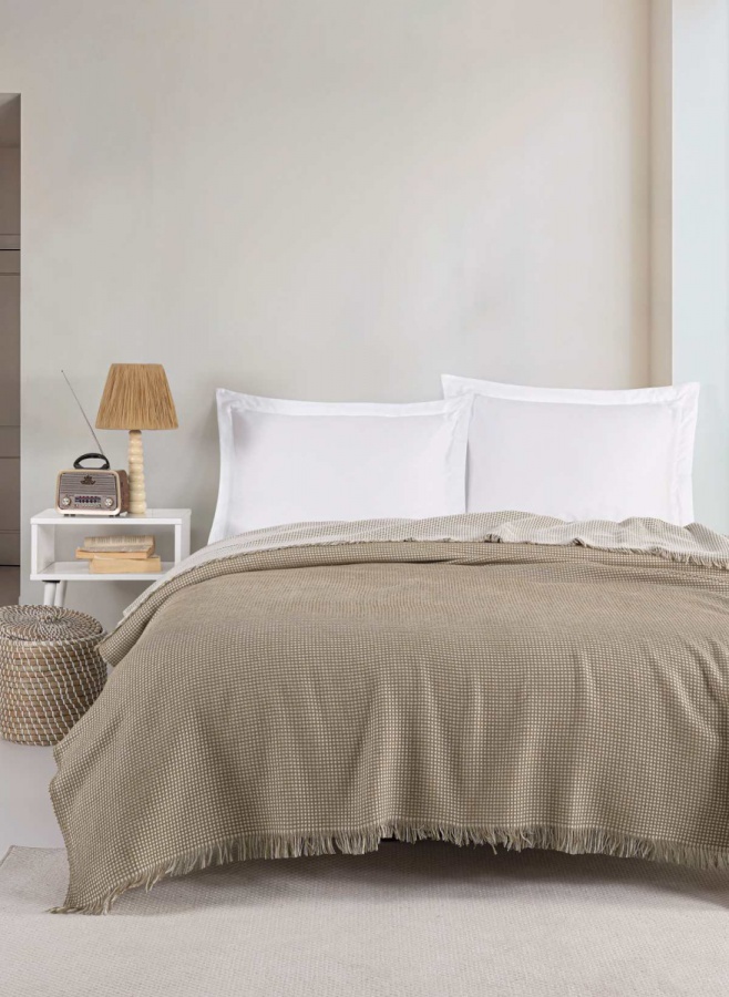 Přehoz 200x230 waffle - tmavá béžová, bílá