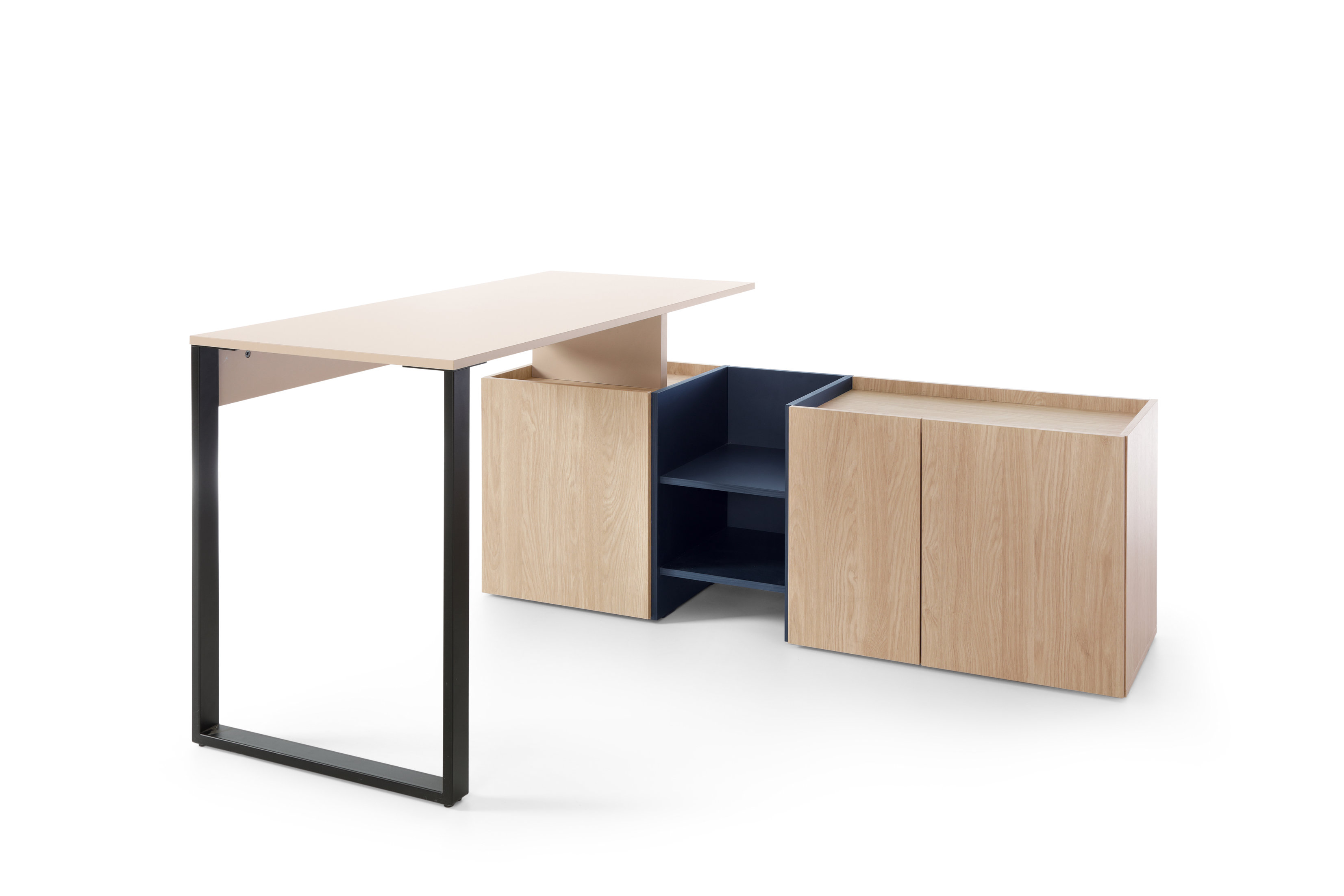 Psací stůl s komodou Sergio SE8 Barva korpusu + barva dveří: Pískově béžová / Dub olejovaný / Královská modrá