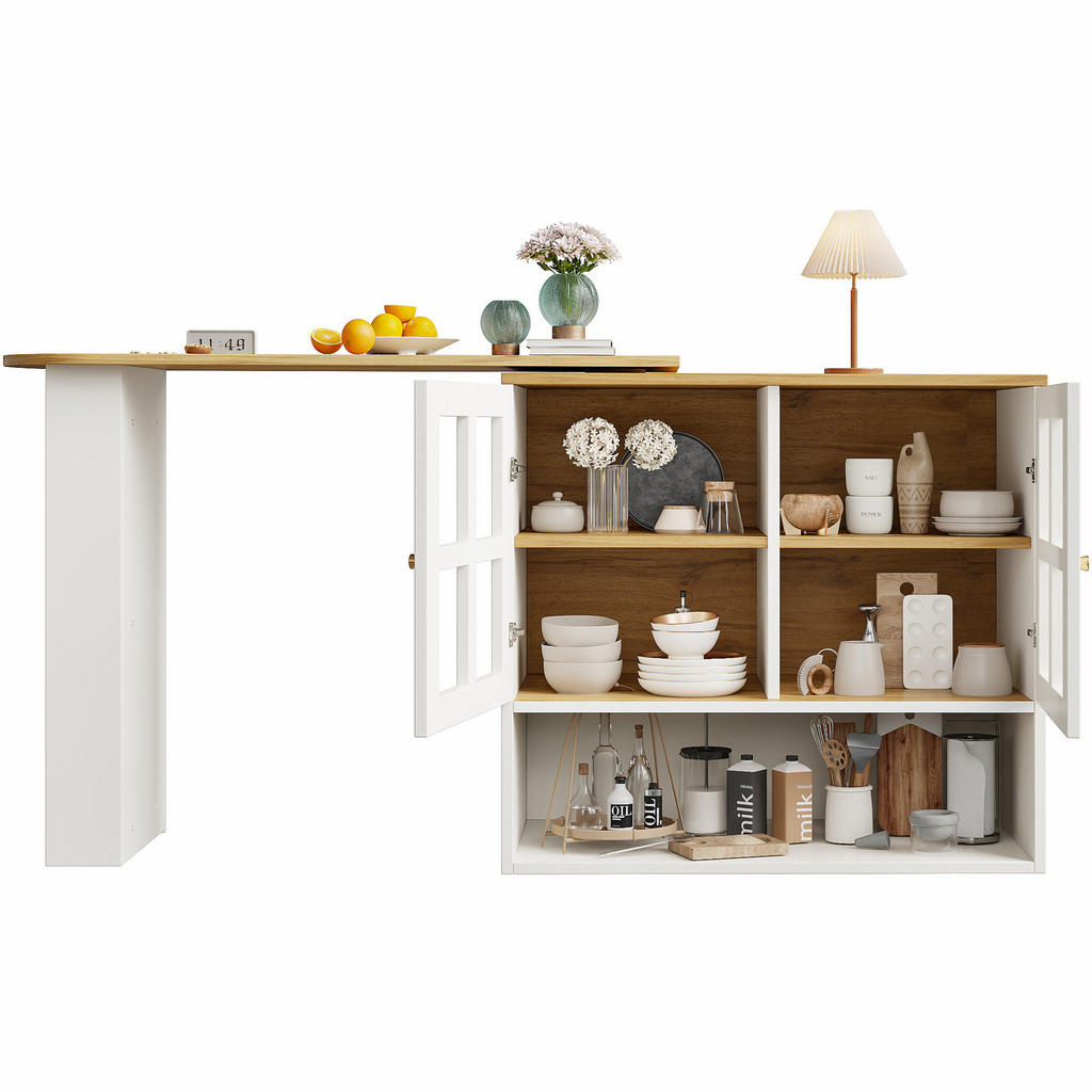 Redom BAROVÝ stolek 138-204/39/102,5 cm otočný o 360° s úložným prostorem a skleněnými dvířky z MDF, Bílá