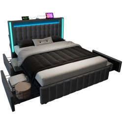 Redom ČALOUNĚNÁ postel 160/200 cm s LED osvětlením, USB a Type-C nabíjením, 4 zásuvkami a úložným prostorem, Šedá