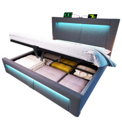 Redom ČALOUNĚNÁ postel 160/200 cm s LED osvětlením, USB a Type-C nabíjením, hydraulickým úložným prostorem, Šedá