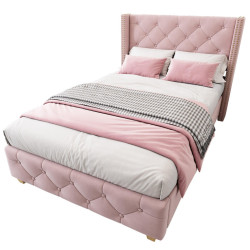 Redom ČALOUNĚNÁ postel 90/200 cm s lamelovým roštem, knoflíkovým prošitím a ozdobnými cvočky, Samet, Růžová
