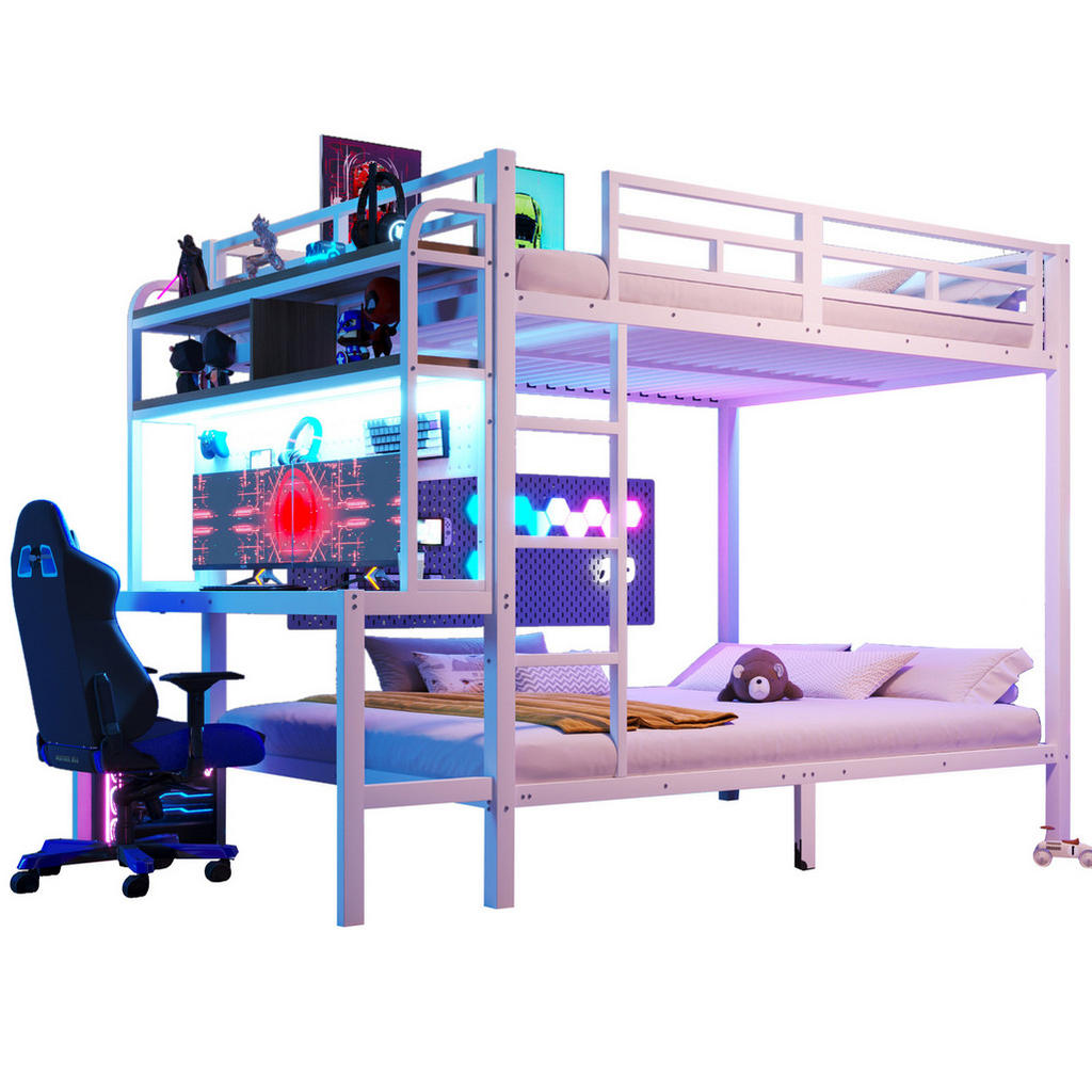 Redom PALANDA 140 x 200 cm s psacím stolem, policemi, LED osvětlením, USB portem a bezpečnostním zábradlím, Bílá