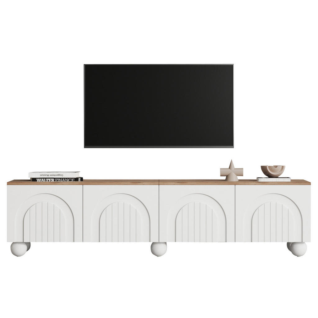 Redom TV stolek 180/40/45 cm s úložným prostorem, 4 dvířky a 6 kovovými nohami, Bílá a dub