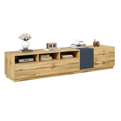 Redom TV stolek 200/45/45 cm s otevřenými přihrádkami a kabelovými průchodkami, dvířky a tichým zavíráním, Černá/Šedá a přírodní