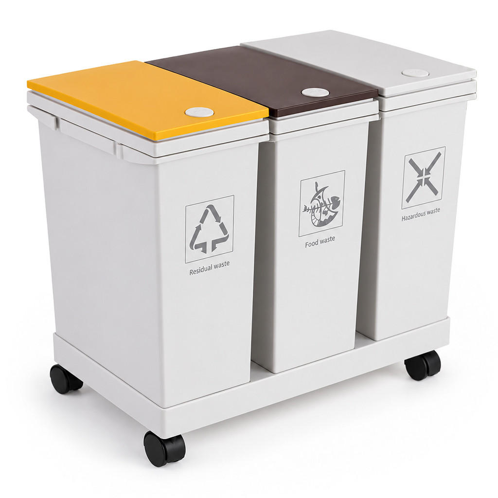 Relaxdays ODPADKOVÝ KOŠ Bílý plast s kolečky 3 přihrádky 3x 12 l