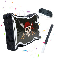Relaxdays PINATA Černá Bílá pirátská vlajka 3dílná-sada s maskou a tyčí