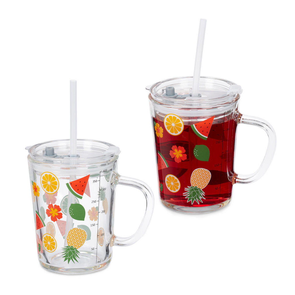Relaxdays SKLENICE Transparentní 2dílný-set s víčkem a brčkem 400 ml