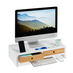 Relaxdays STOJAN NA MONITOR Bílá přírodní Bambus 2 zásuvky