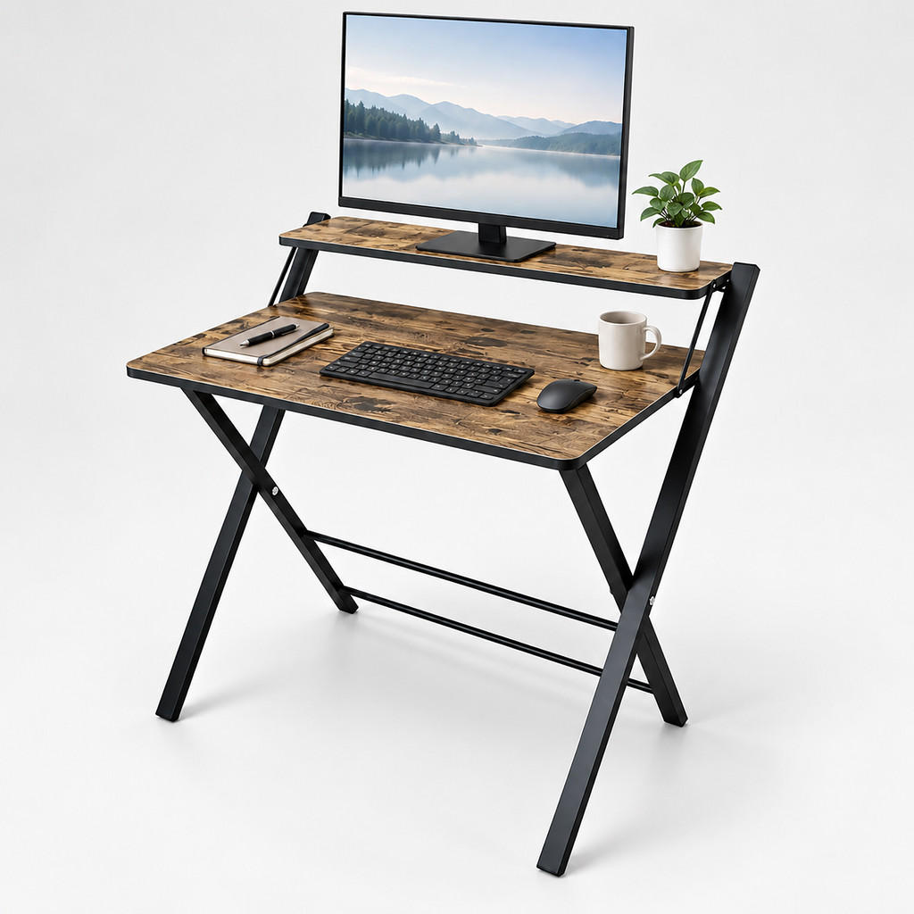 Relaxdays STŮL Hnědá Černá psací skládací s nástavcem na monitor MDF kov