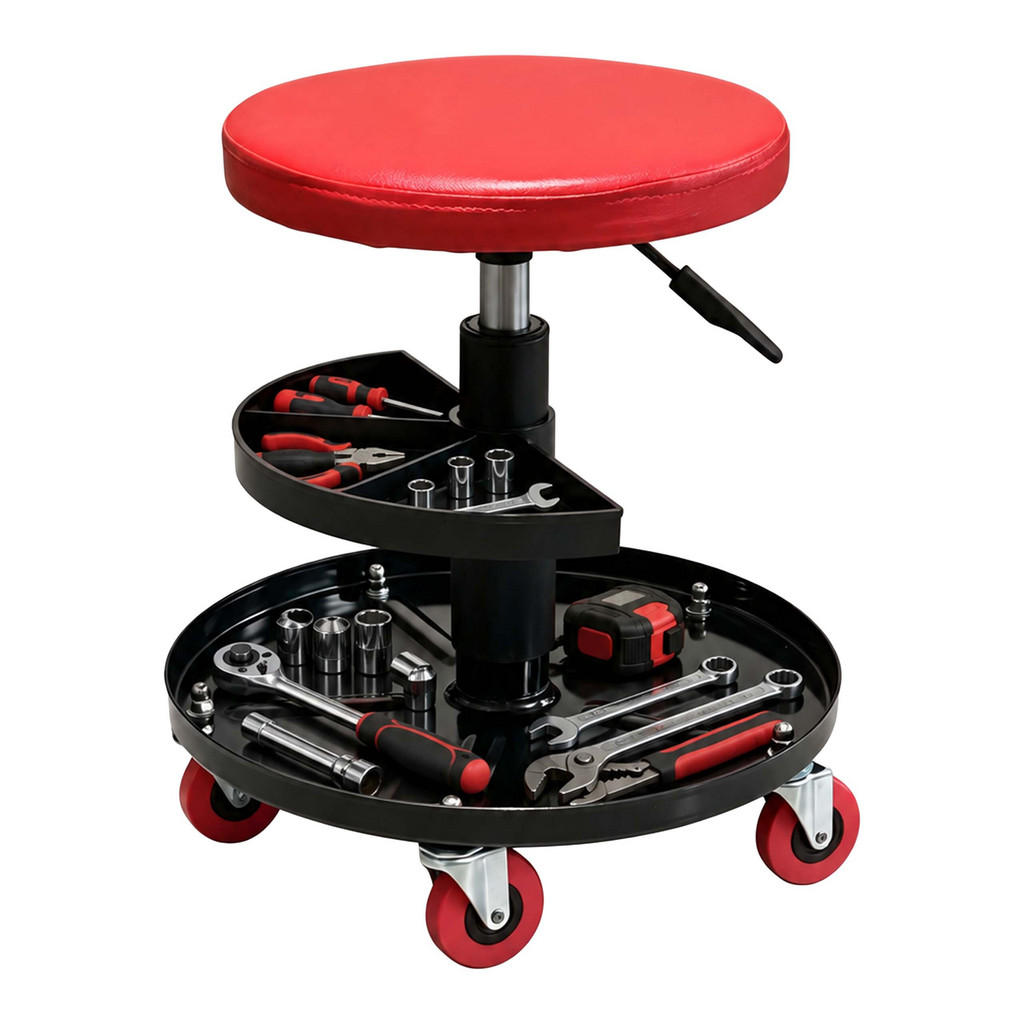 Relaxdays TABURET Červený dílenský výškově nastavitelný s odkládacími přihrádkami 42 cm