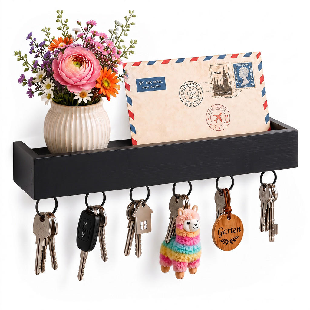 Relaxdays VĚŠÁK na klíče černý bambus 6 háčků police 26 cm