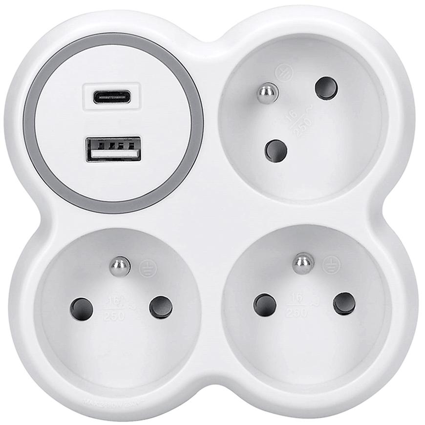 Rozbočka 3x15A USB A+C nabíječka s vypínačem