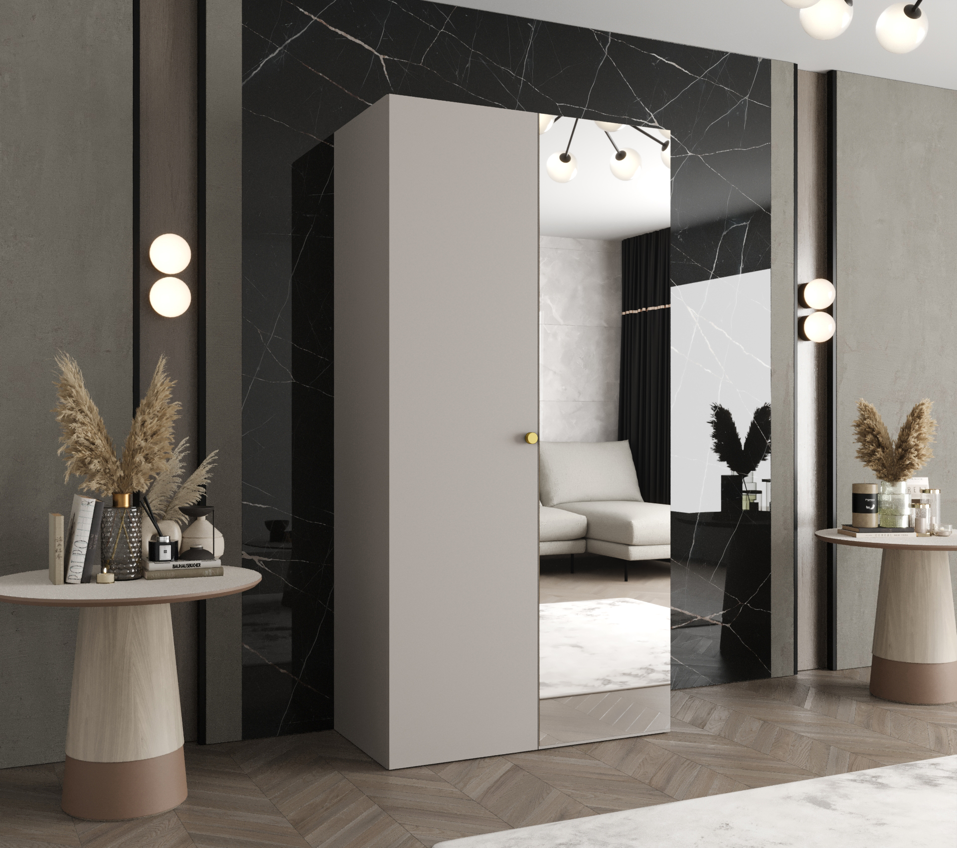 Šatní skříň Abi Parma 2 Rozměry: 100 cm, Pásky / úchyty: Zlatý, Barva korpusu + barva dveří: Kašmír + Kašmír