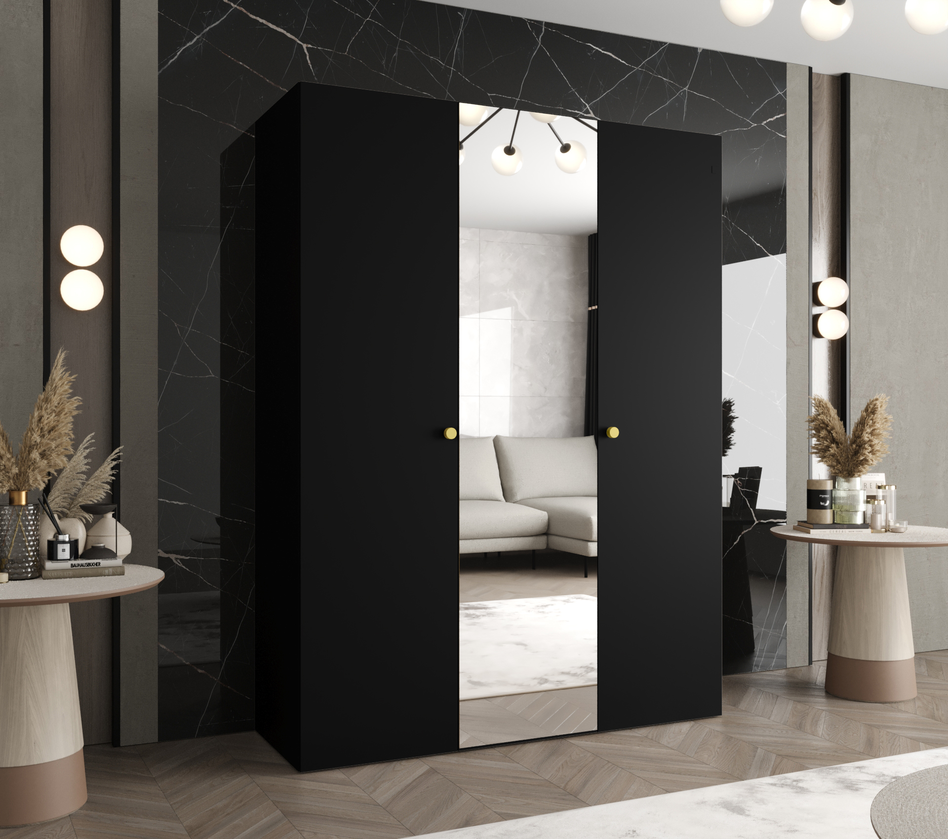 Šatní skříň Abi Parma 2 Rozměry: 150 cm, Pásky / úchyty: Zlatý, Barva korpusu + barva dveří: Černá + Černá