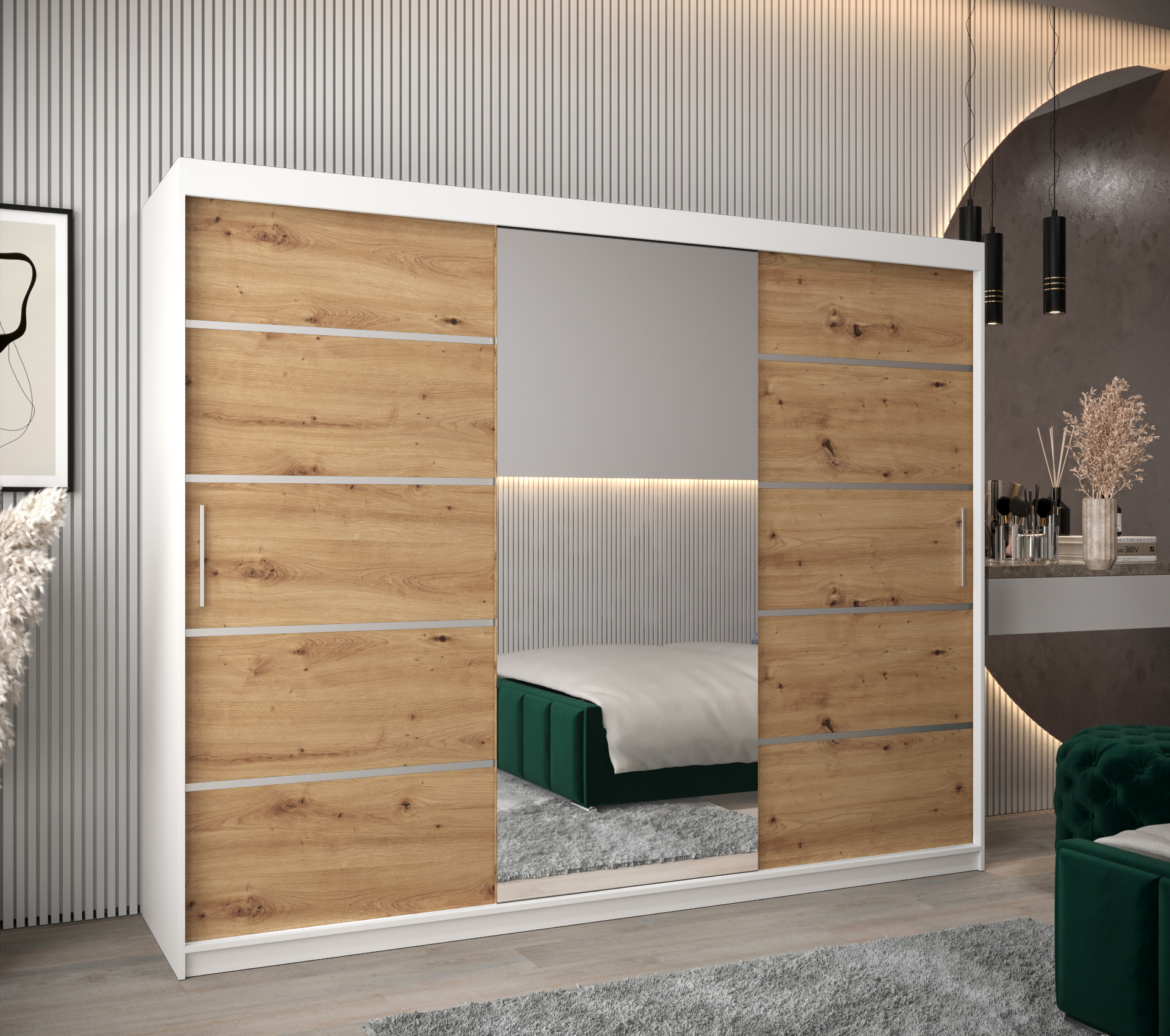 Šatní skříň Abi V2 Economy Barva korpusu: Bílá, Rozměry: 250 cm, Dveře: Dub-Artisan