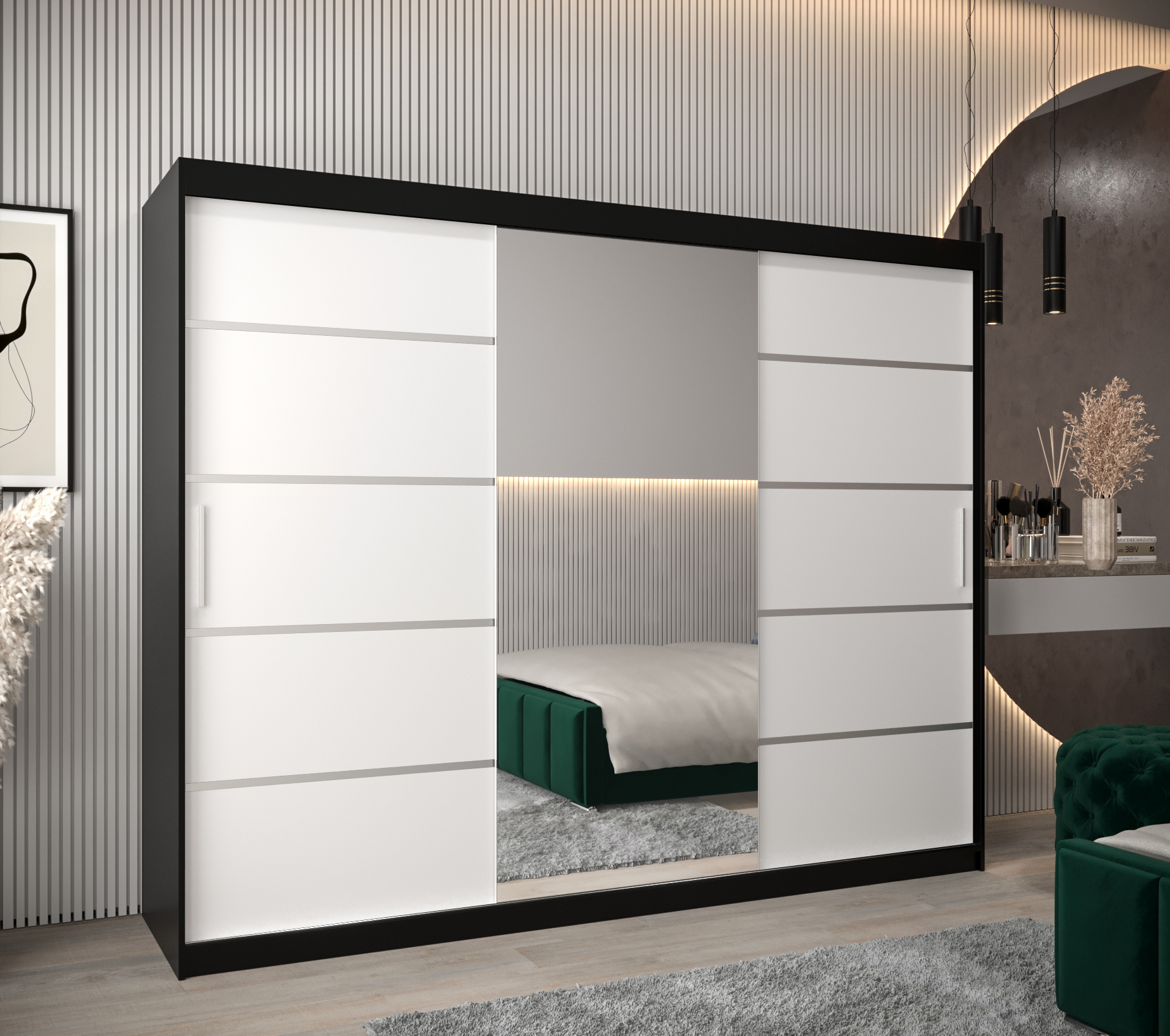 Šatní skříň Abi V2 Economy Barva korpusu: Černá, Rozměry: 250 cm, Dveře: Bílá