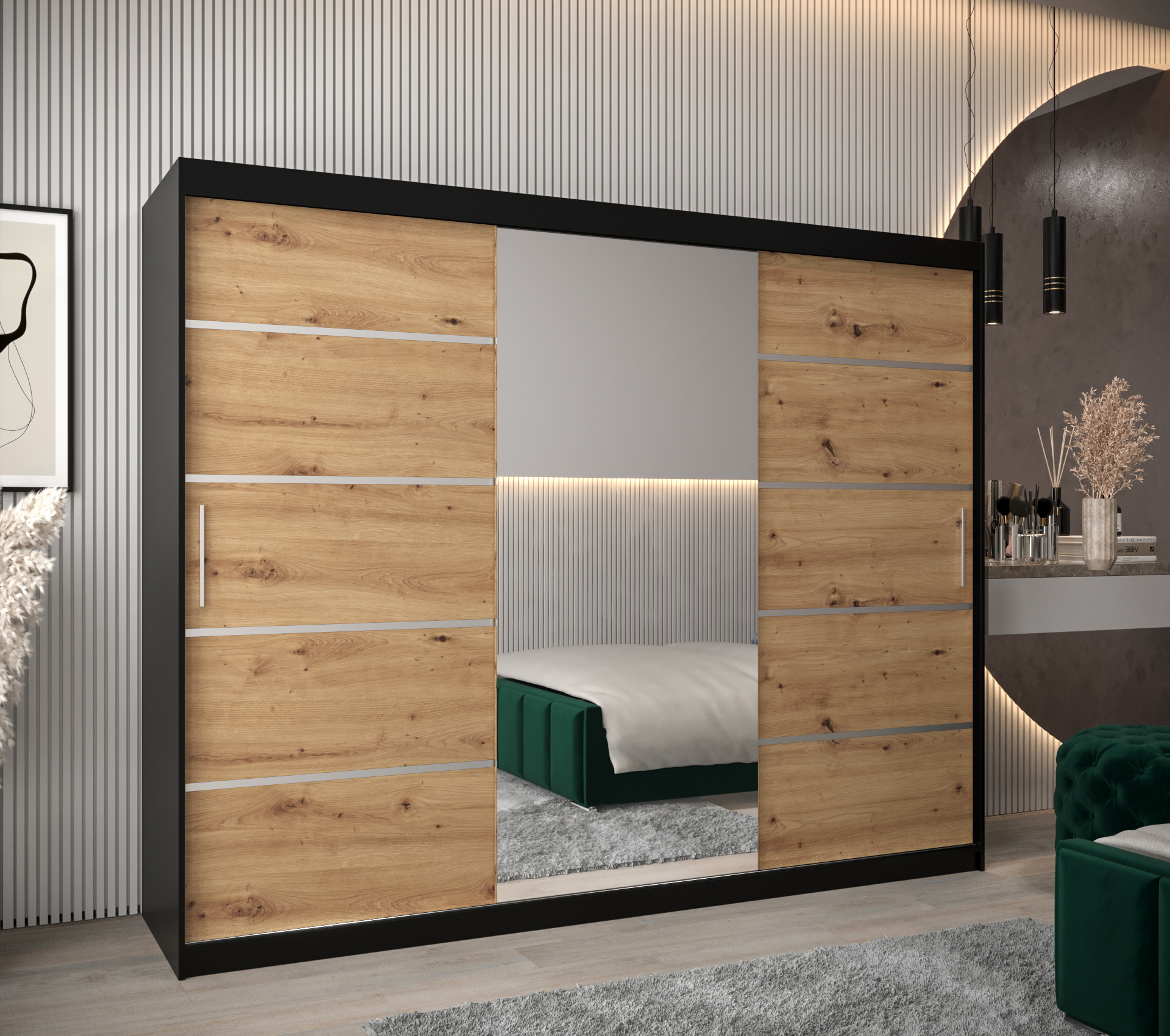 Šatní skříň Abi V2 Economy Barva korpusu: Černá, Rozměry: 250 cm, Dveře: Dub-Artisan