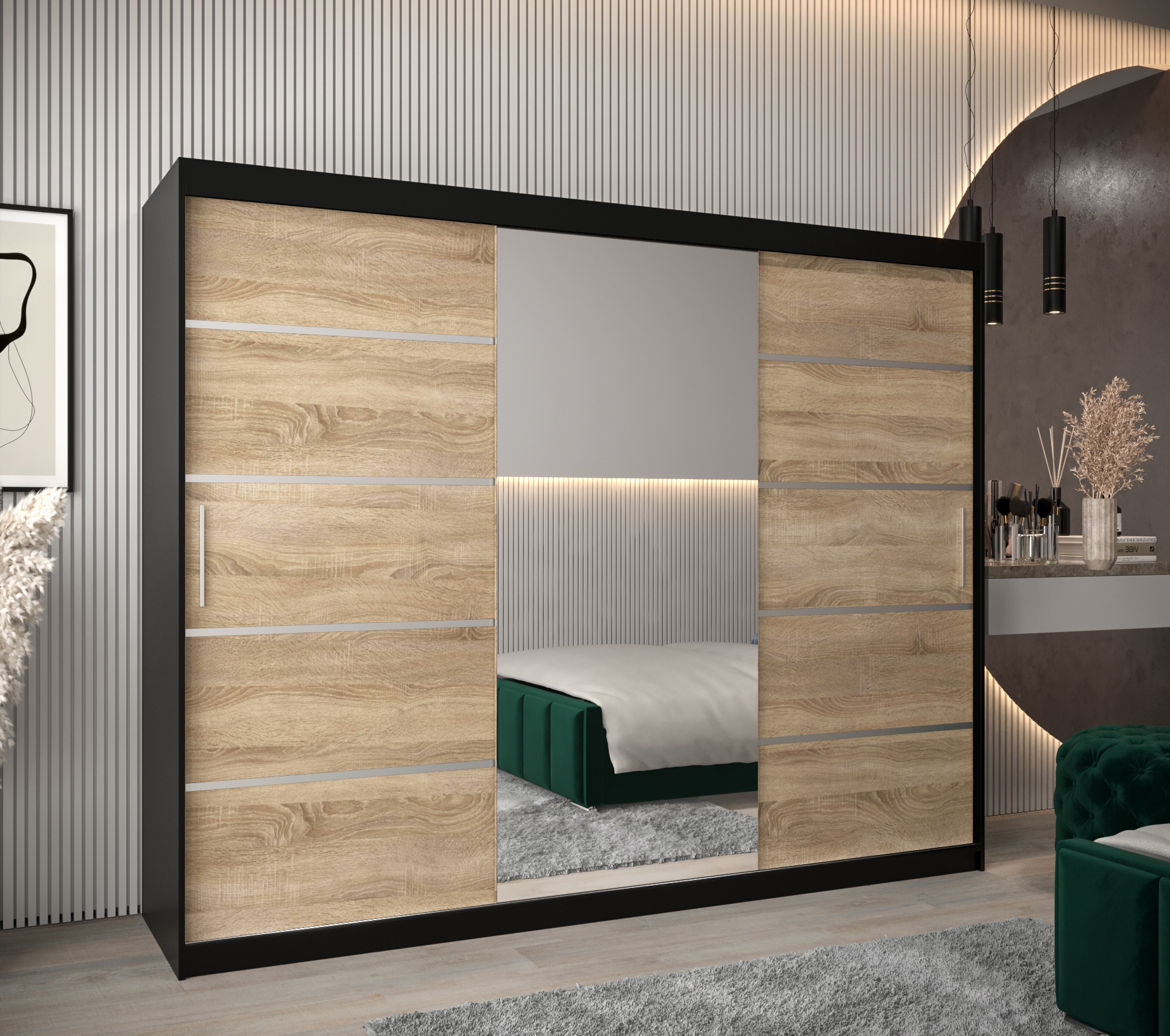 Šatní skříň Abi V2 Economy Barva korpusu: Černá, Rozměry: 250 cm, Dveře: Dub sonoma