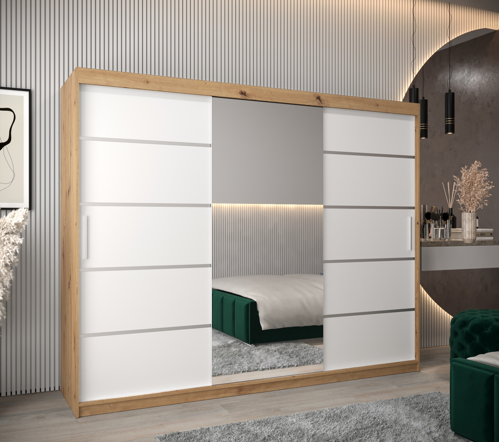 Šatní skříň Abi V2 Economy Barva korpusu: Dub - Artisan, Rozměry: 250 cm, Dveře: Bílá