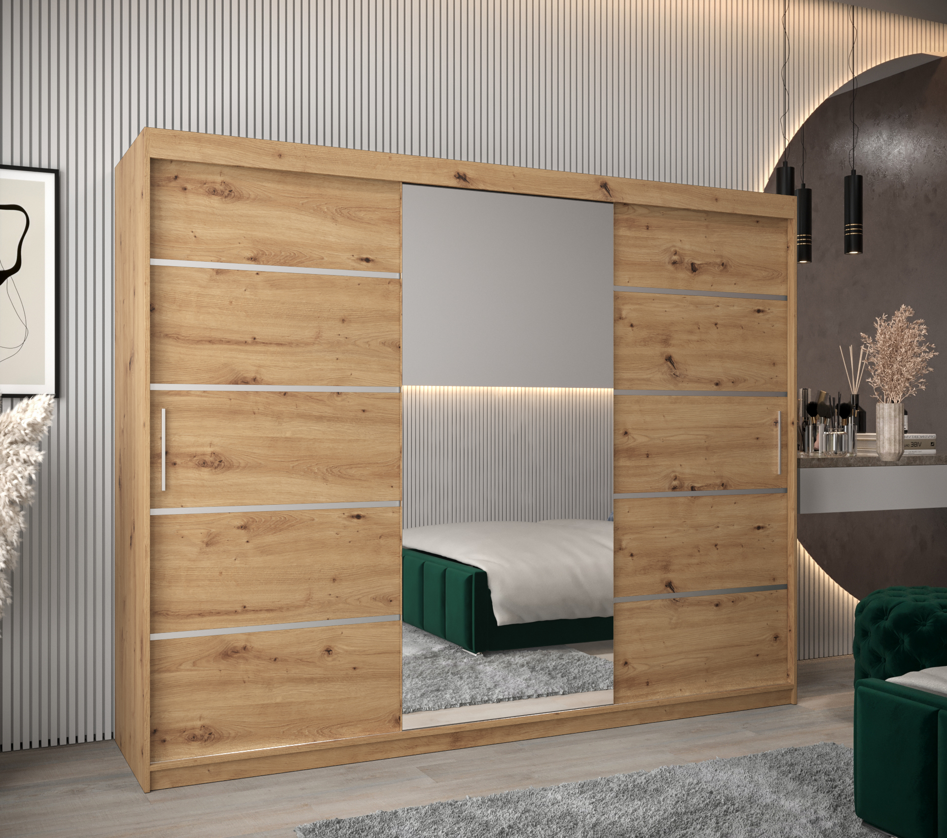 Šatní skříň Abi V2 - šířka 250 cm - Dub artisan/ Dub artisan Barva korpusu: Dub - Artisan, Rozměry: 250 cm, Dveře: Dub-Artisan