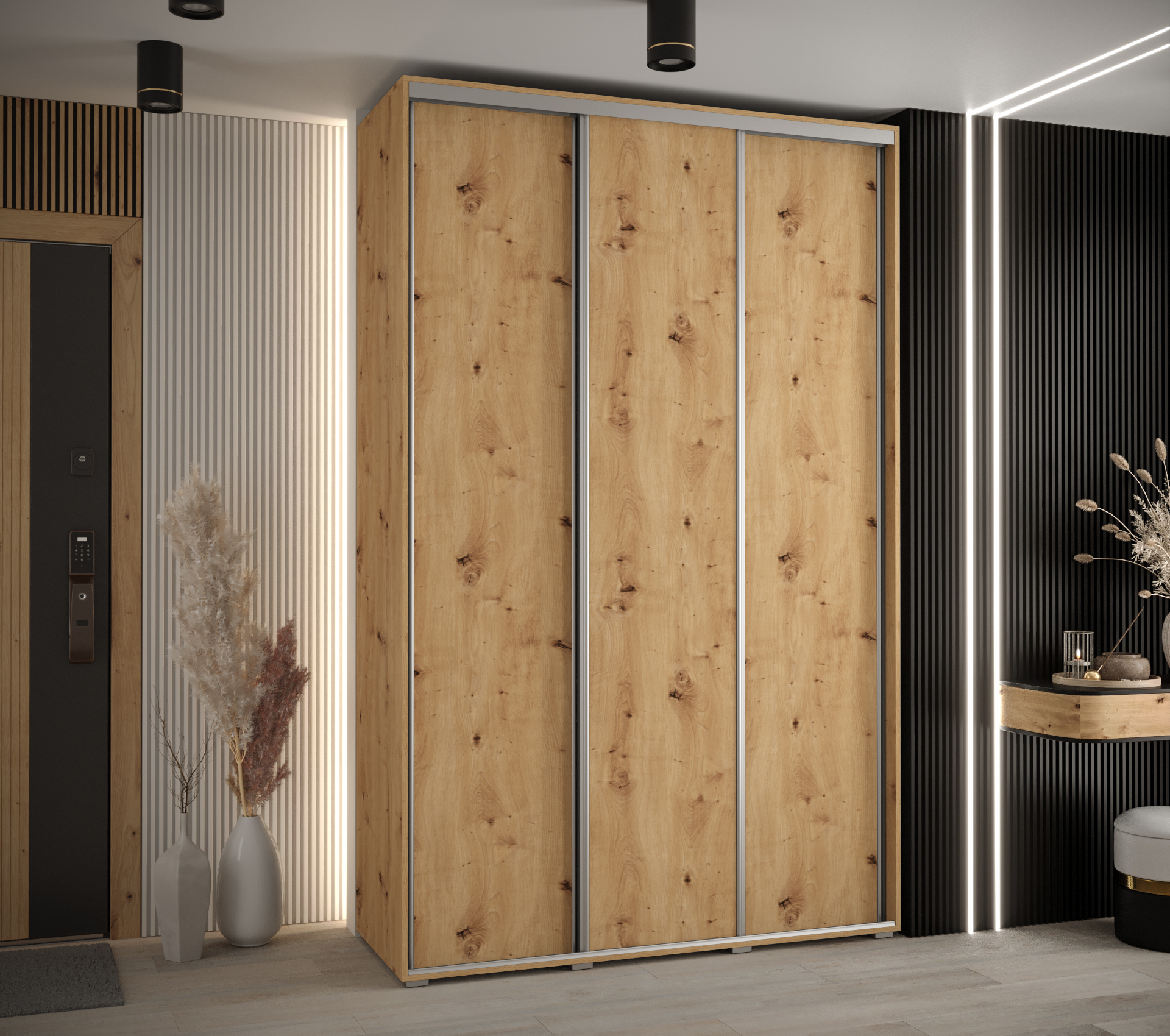 Šatní skříň Cannes 1 - hloubka 45 cm - šířka 150 cm - Dub artisan/Dub artisan/Stříbrná