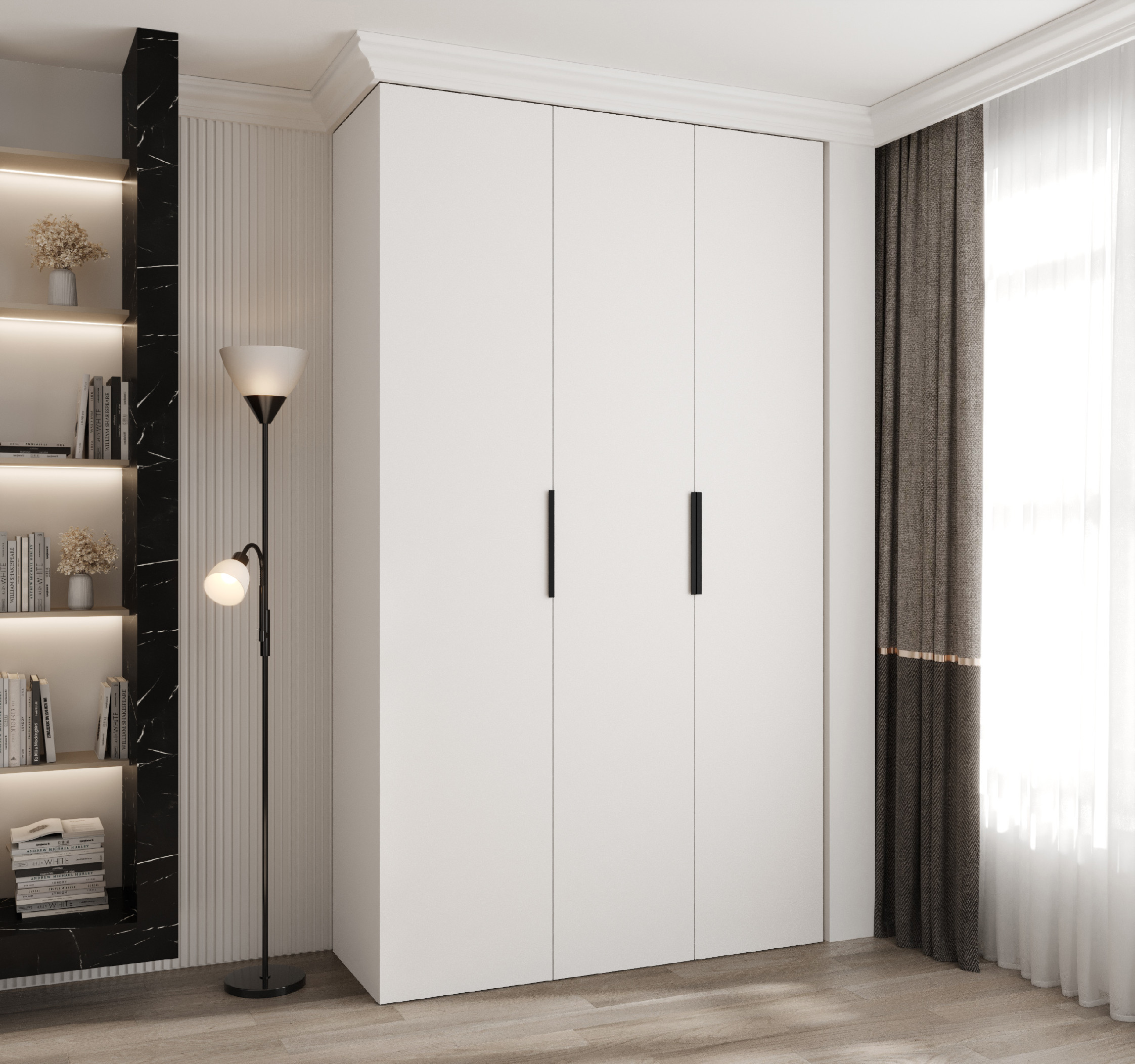 Šatní skříň Como 4 - hloubka 50 cm Rozměry: 140 cm, Pásky / úchyty: Černá, Barva korpusu + barva dveří: Bílá