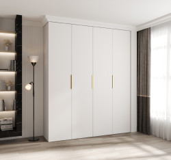 Šatní skříň Como 4 - hloubka 50 cm Rozměry: 200 cm, Pásky / úchyty: Zlatý, Barva korpusu + barva dveří: Bílá