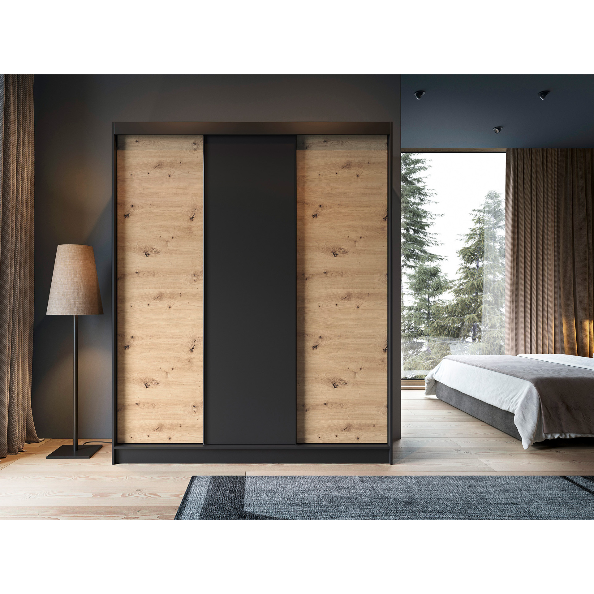 Šatní skříň Esville III Barva korpusu: Černá, Rozměry: 180 cm, Dveře: Dub artisan - bez zrcadla
