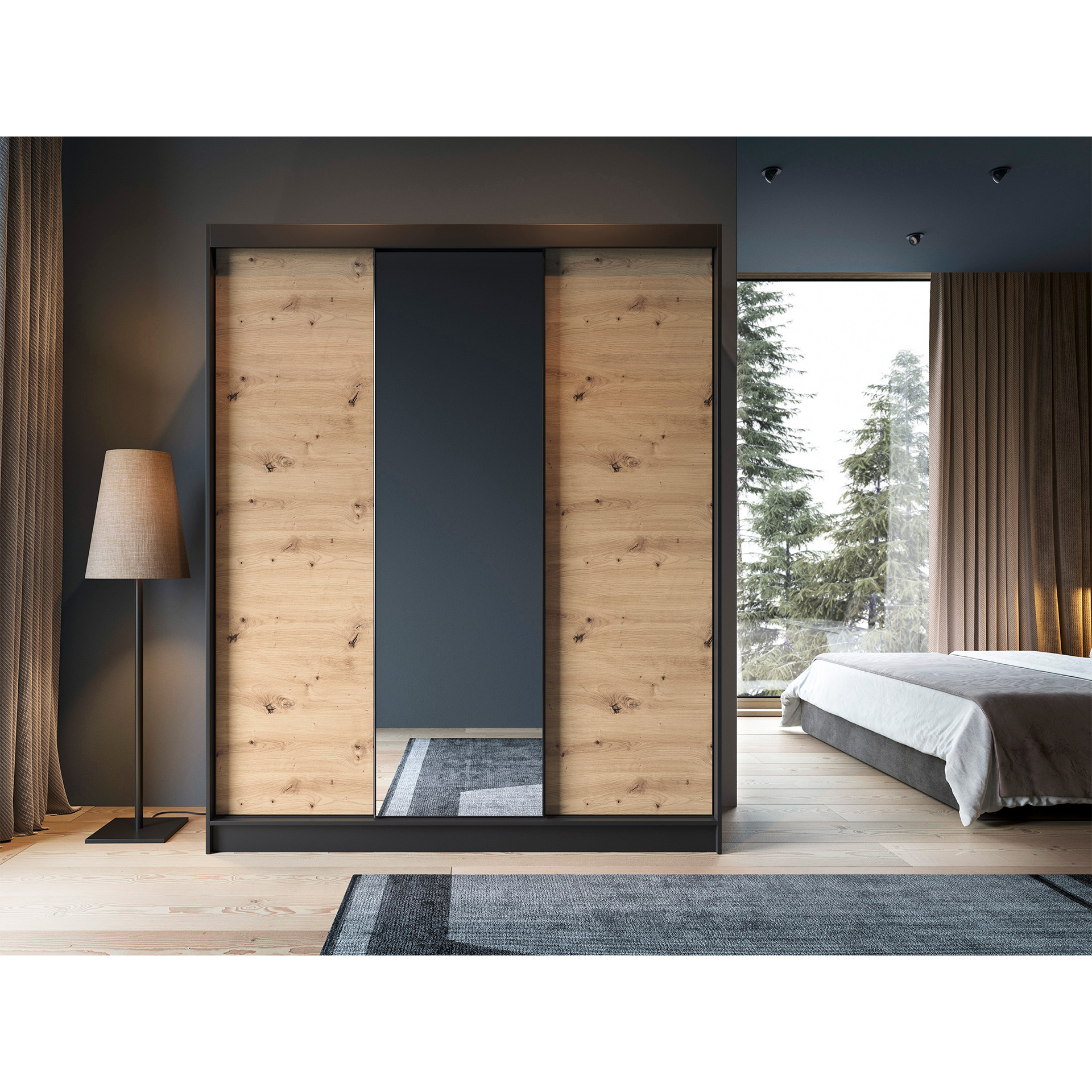 Šatní skříň Esville III Barva korpusu: Černá, Rozměry: 180 cm, Dveře: Dub artisan + zrcadlo