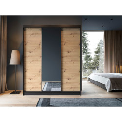 Šatní skříň Esville III Barva korpusu: Černá, Rozměry: 180 cm, Dveře: Dub artisan + zrcadlo
