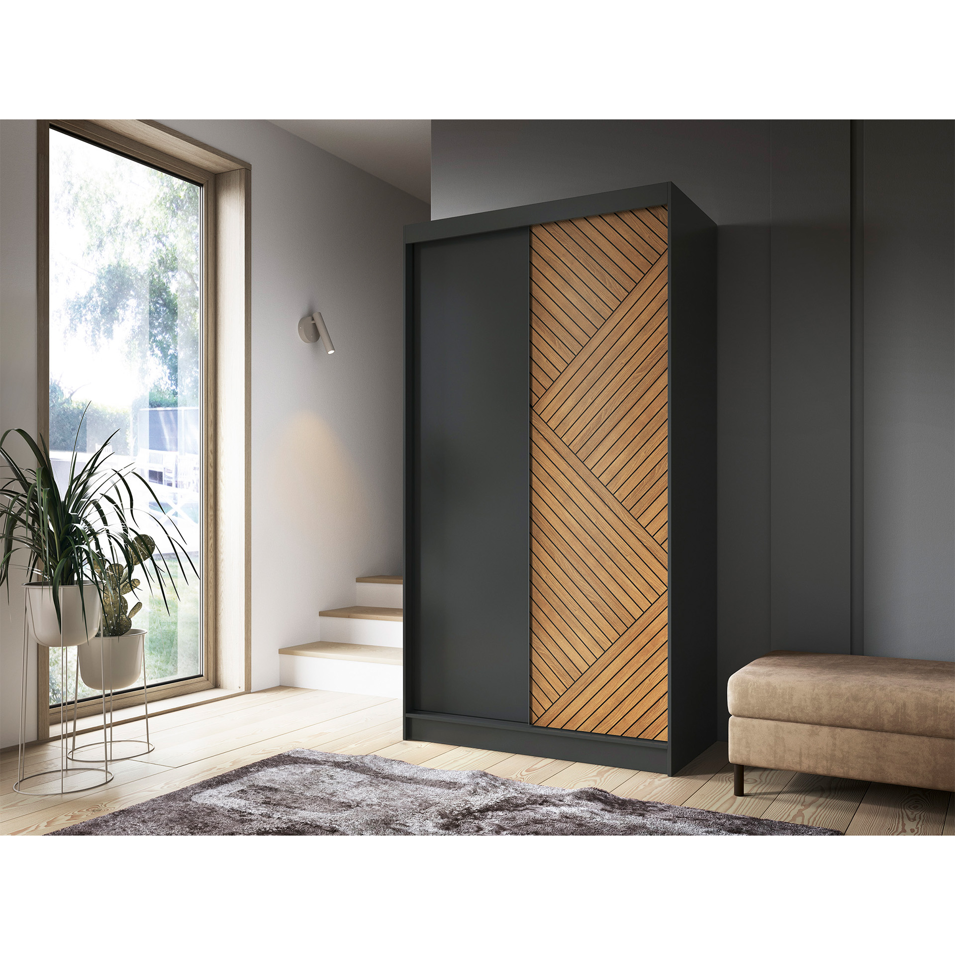 Šatní skříň Marrphy II Barva korpusu: Černá, Rozměry: 120 cm, Dveře: Dub caramel + černá