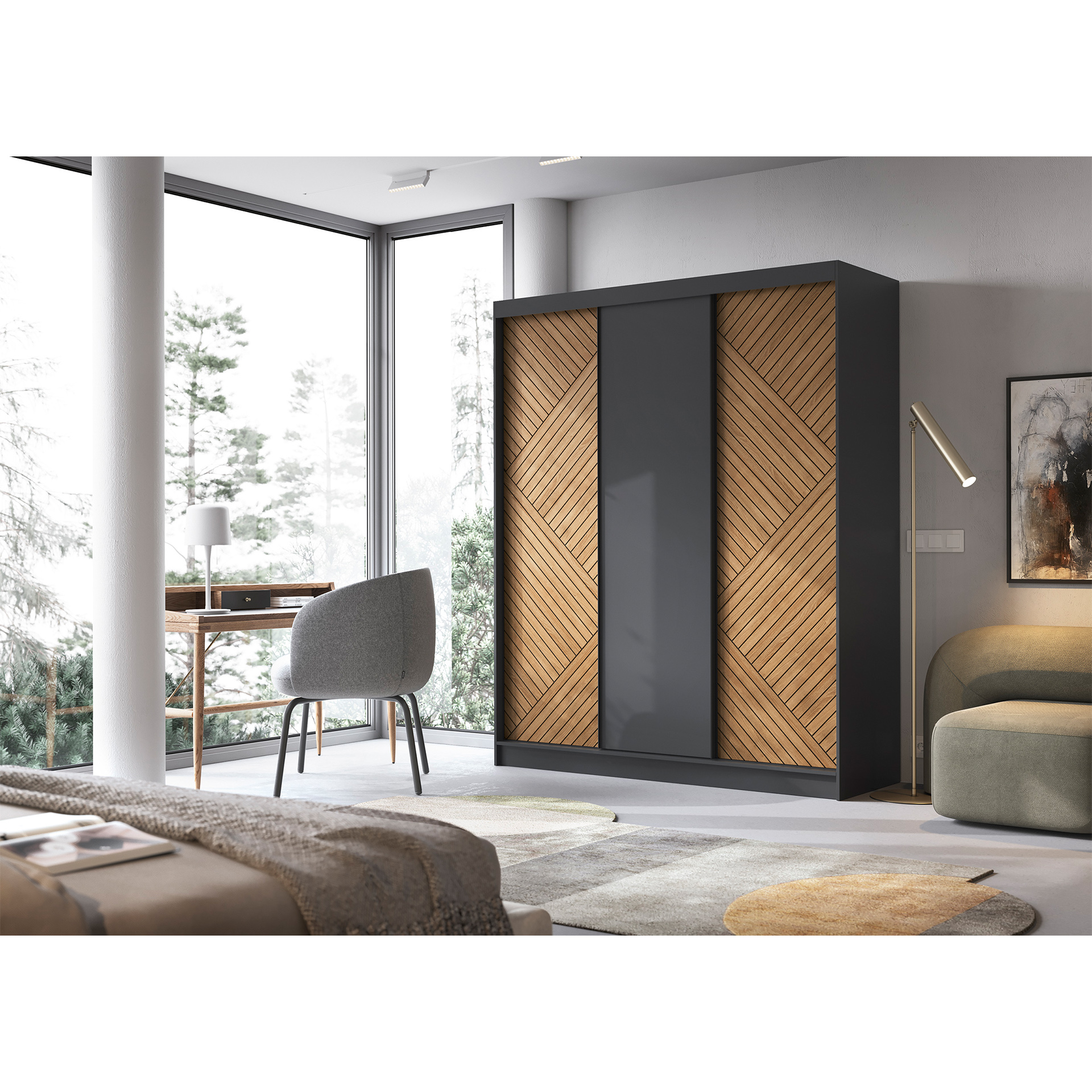 Šatní skříň Marrphy III Barva korpusu: Černá, Rozměry: 180 cm, Dveře: Dub caramel + černá