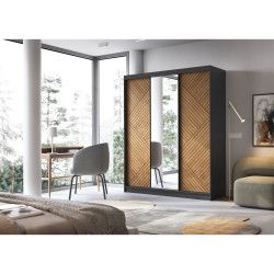 Šatní skříň Marrphy III Barva korpusu: Černá, Rozměry: 180 cm, Dveře: Dub caramel + zrcadlo