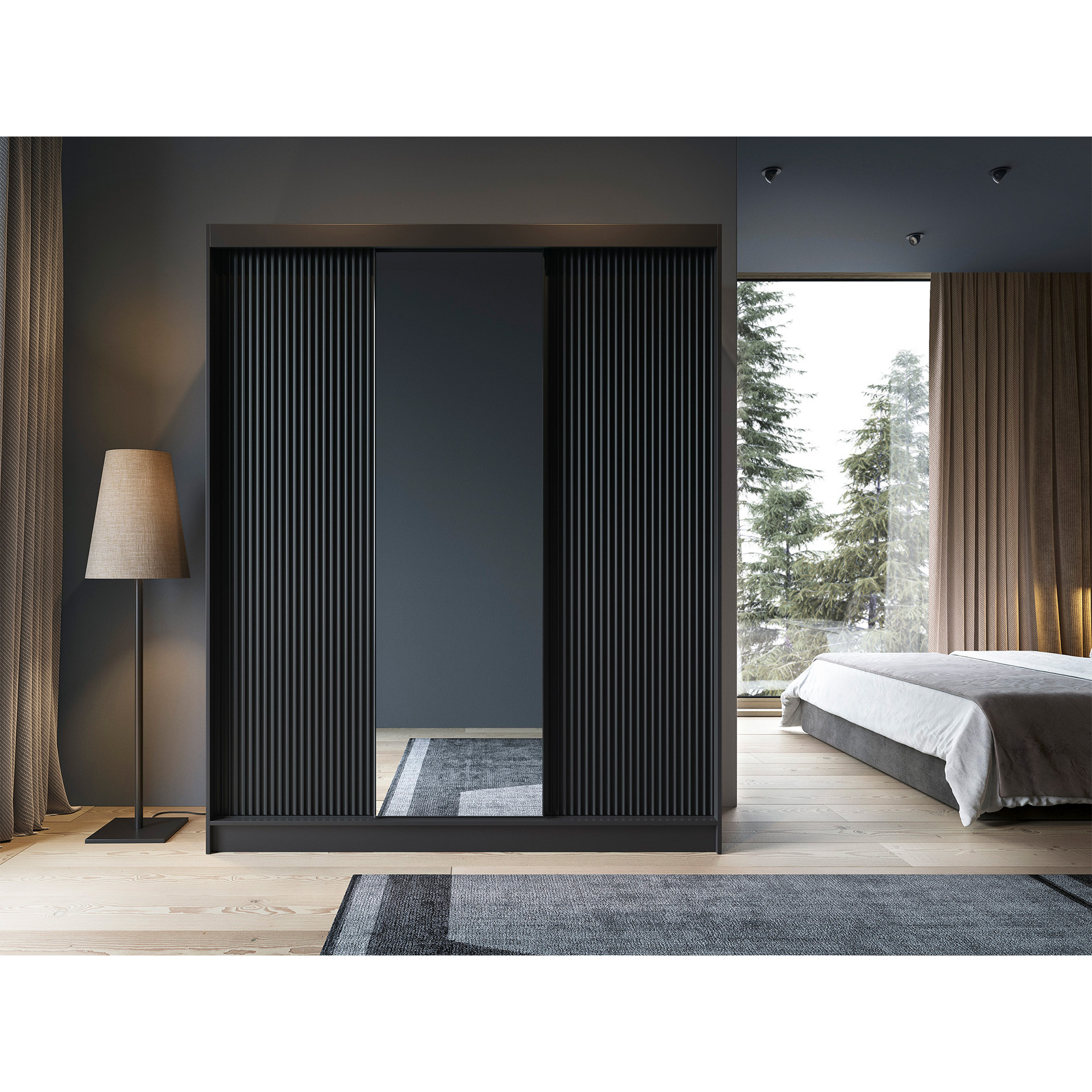 Šatní skříň Prescco III Barva korpusu: Černá, Rozměry: 180 cm, Dveře: Černá + zrcadlo