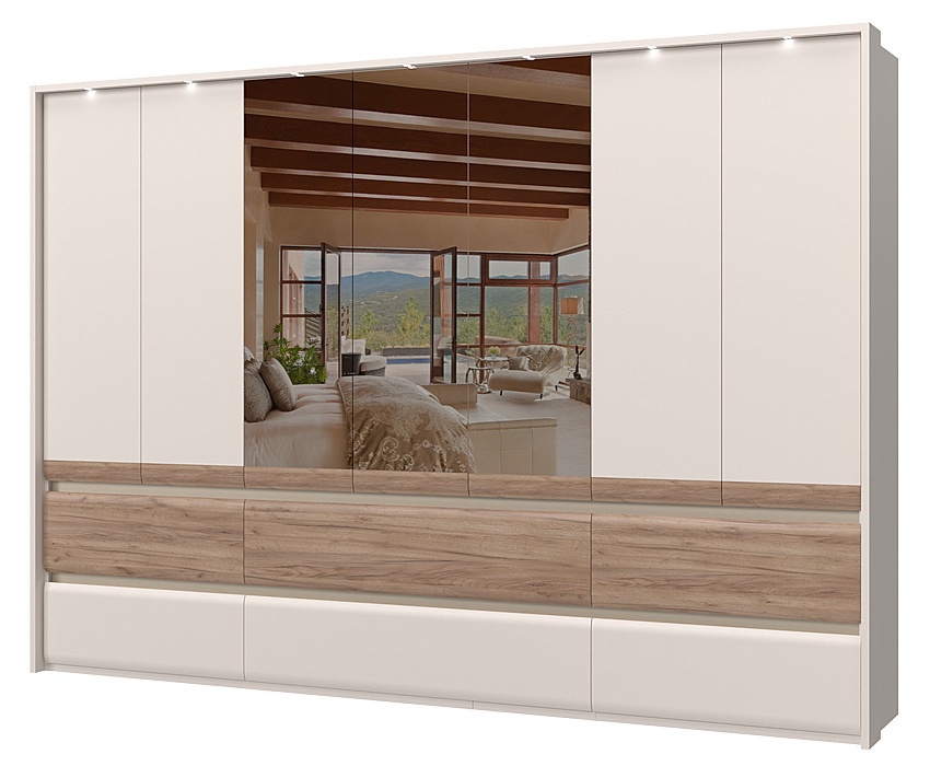 Sedmidveřová šatní skříň se 3 zrcadly a led osvětlením artemisia - dub