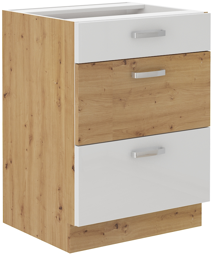 Spodní skříňka Artisan 60 D 3S BB - Premium Box Barva korpusu: Dub artisan, Barva dvířek: Bílý lesk