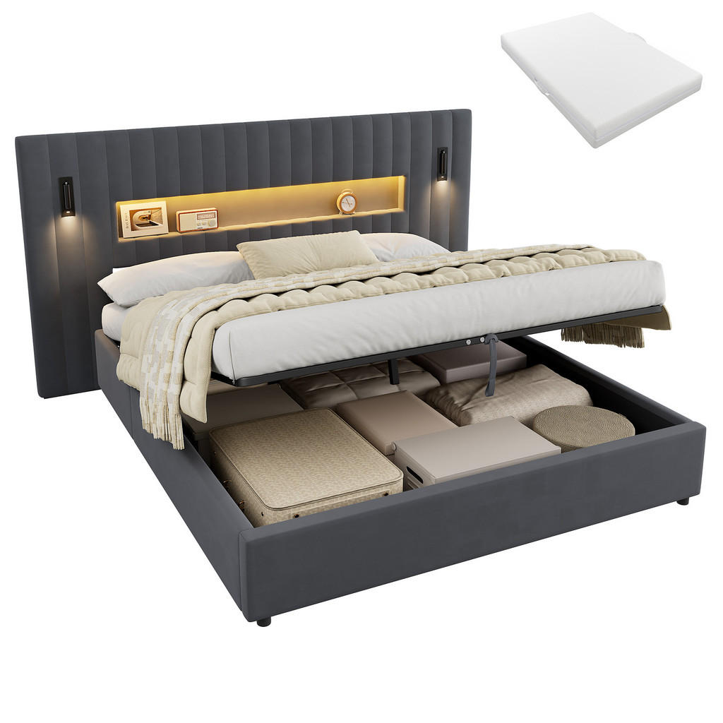 STILVORA ČALOUNĚNÁ POSTEL 140 × 200 cm s matrací, úložným prostorem, lampičkou na čtení a USB, šedá, sametový potah