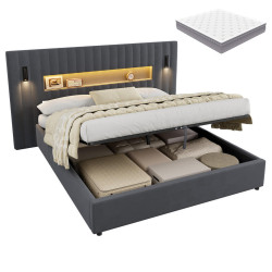 STILVORA ČALOUNĚNÁ POSTEL 140 × 200 cm s matrací, úložným prostorem, lampičkou na čtení a USB, šedá, sametový potah