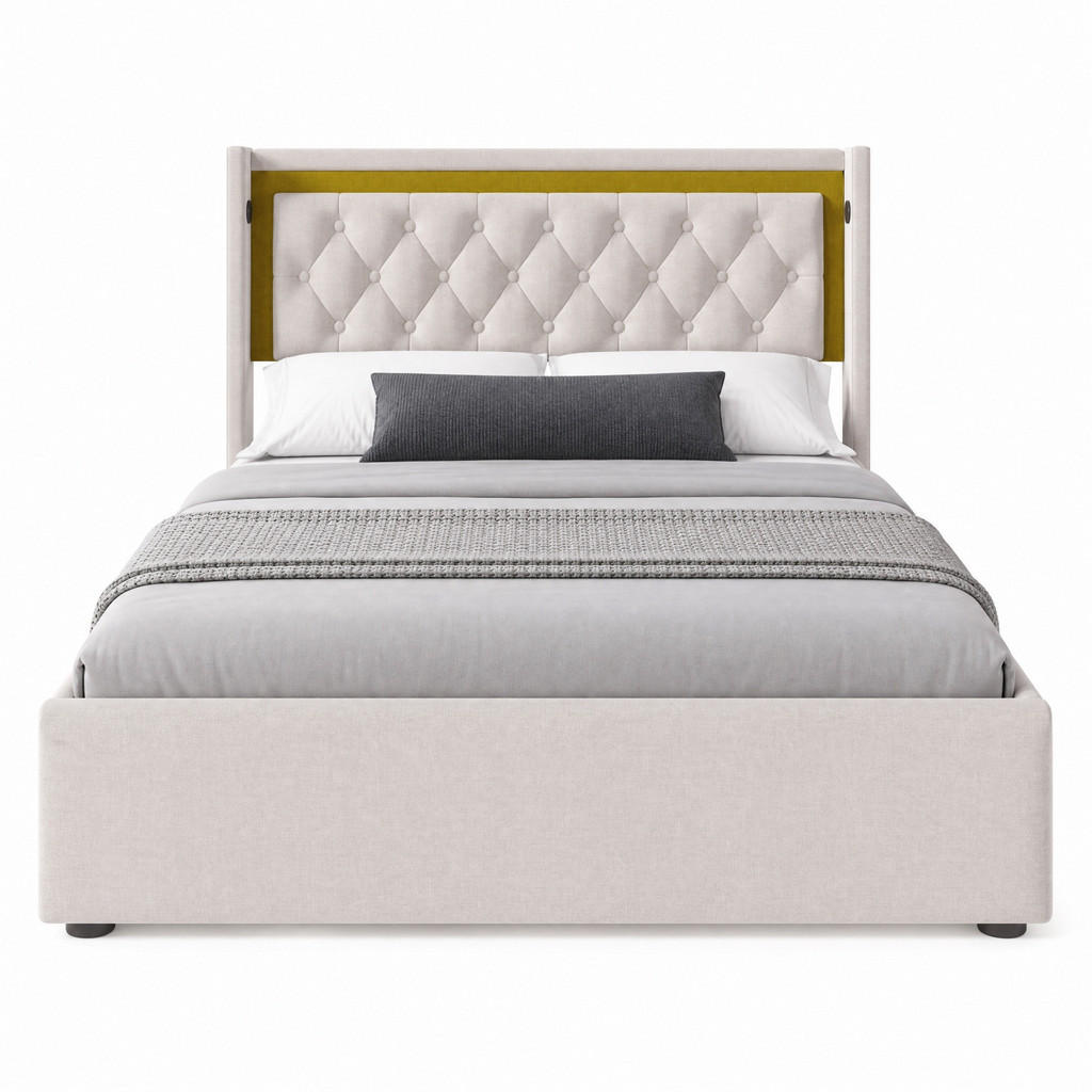 STILVORA ČALOUNĚNÁ POSTEL 140/200 cm světle béžová, úložný prostor, LED, USB/Type-C