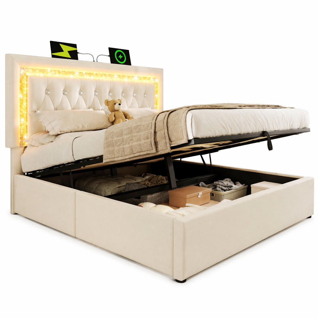 STILVORA ČALOUNĚNÁ POSTEL 180/200 cm béžová sametová, úložný prostor, LED, USB/Type-C, prošívaná