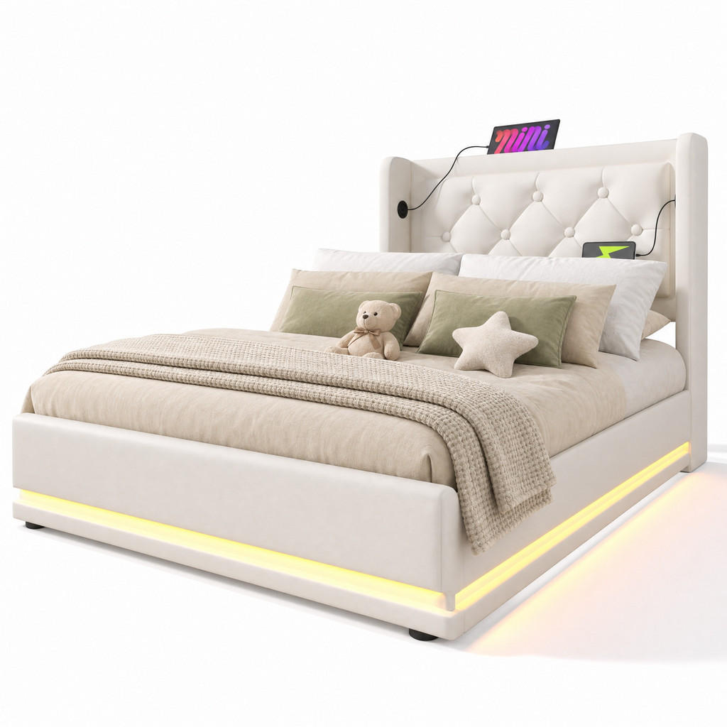 STILVORA ČALOUNĚNÁ POSTEL 90/200 cm bílá, úložný prostor, LED, USB, Type-C
