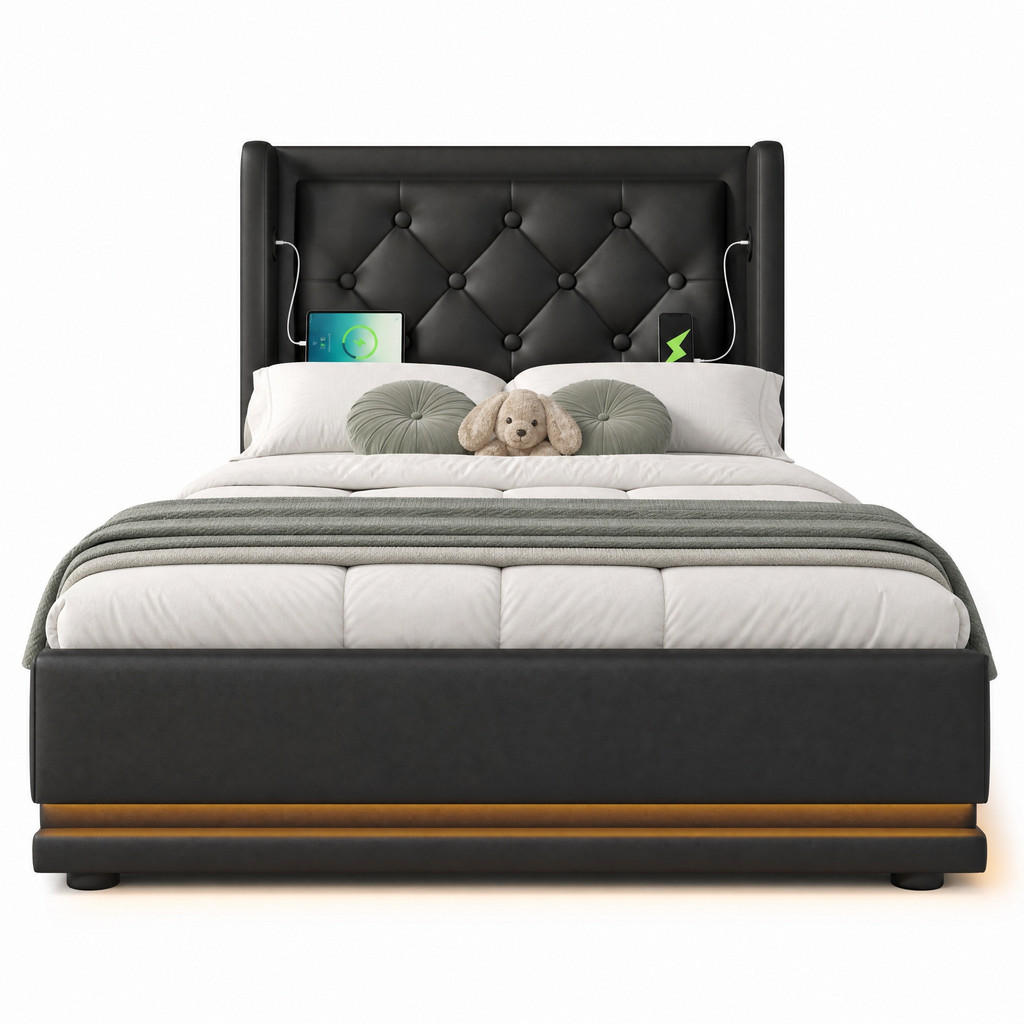STILVORA ČALOUNĚNÁ POSTEL 90/200 cm černá, úložný prostor, LED, USB, Type-C, Chesterfield